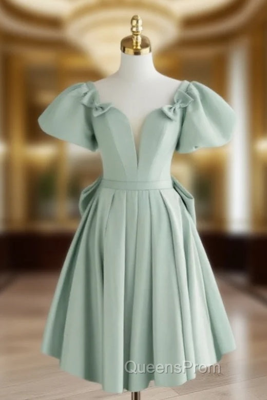 A-Line Green Puffy Sleeve Short Evening Prom Dress, Green Evening Dress