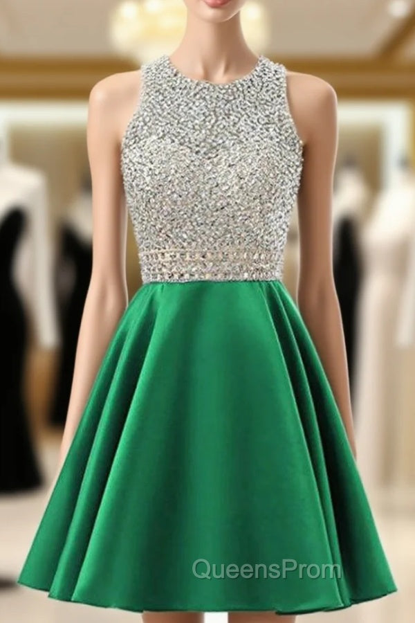 A-Line Green Satin Backless Beading Sequins Homecoming Dress Main image