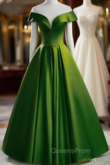 A-Line Green Satin Floor Length Party Dress, Green Long Evening Dress