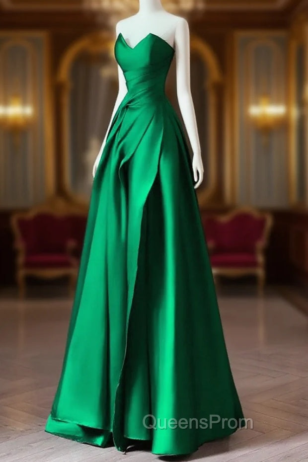 A-line Green Satin Lace-up Floor Length Party Dress, Green Satin Evening Prom Dress Main image