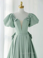 A-Line Green Satin Long Evening Prom Dress, Green Long Evening Dress