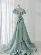 A-Line Green Satin Long Evening Prom Dress, Green Long Evening Dress