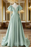 A-Line Green Satin Long Evening Prom Dress, Green Long Evening Dress