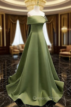 A-line Green Satin Off Shoulder Long Evening Dress, Green Floor Length Evening Prom Dress