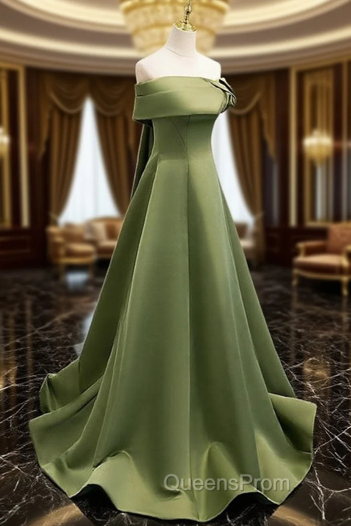 A-line Green Satin Off Shoulder Long Evening Dress, Green Floor Length Evening Prom Dress