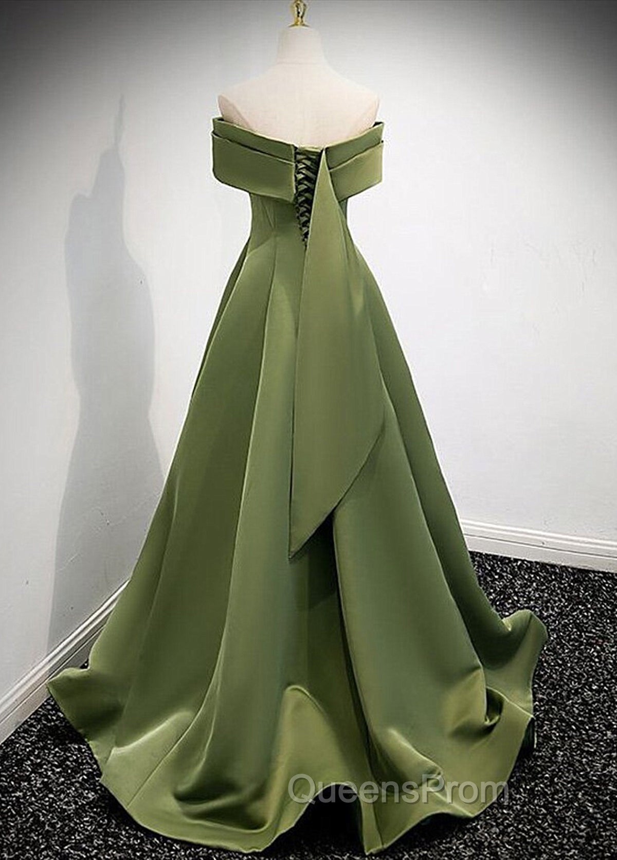 A-line Green Satin Off Shoulder Long Evening Dress, Green Floor Length Evening Prom Dress