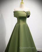 A-line Green Satin Off Shoulder Long Evening Dress, Green Floor Length Evening Prom Dress
