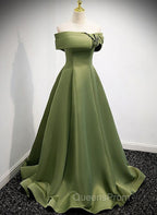 A-line Green Satin Off Shoulder Long Evening Dress, Green Floor Length Evening Prom Dress
