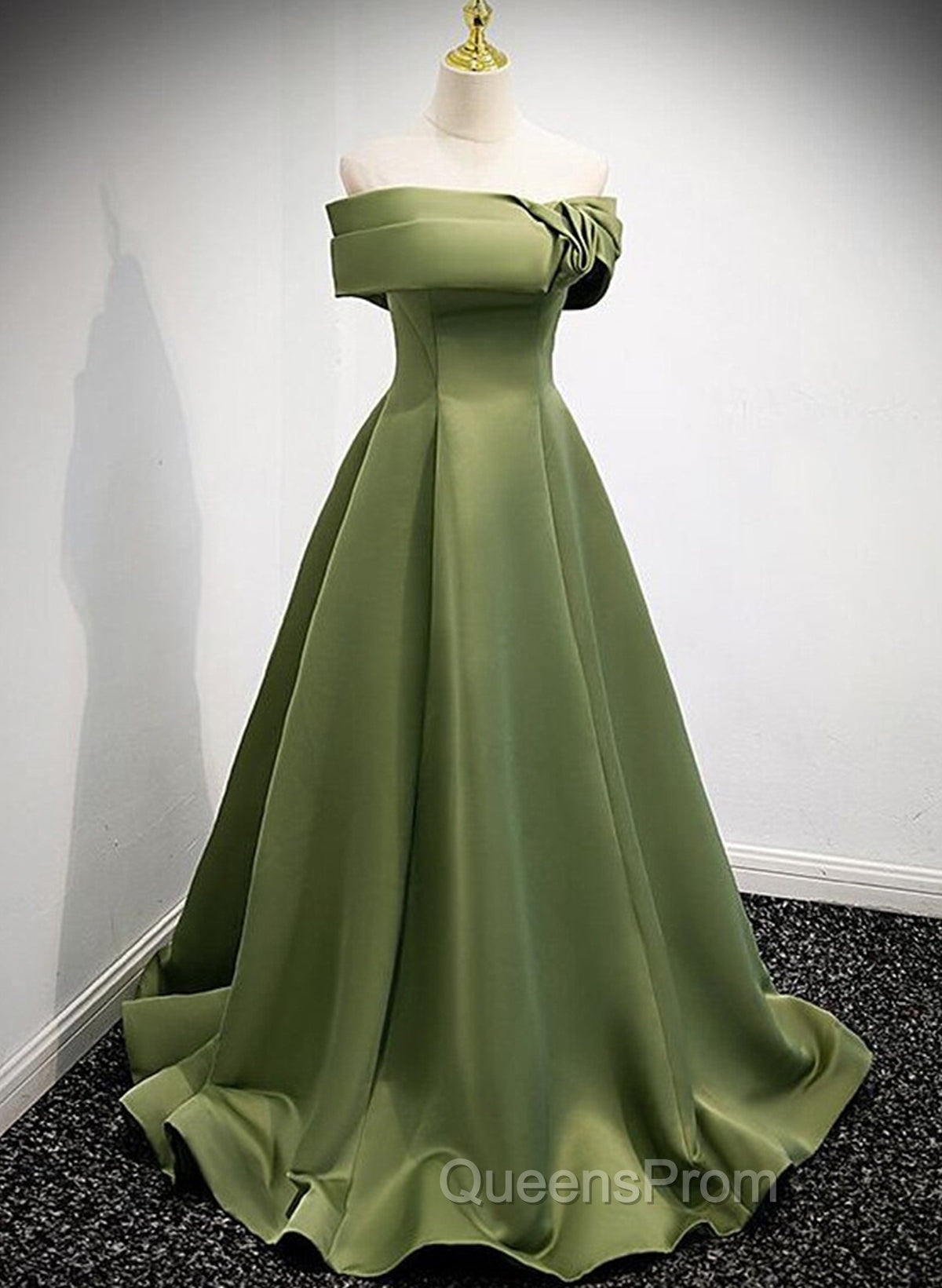 A-line Green Satin Off Shoulder Long Evening Dress, Green Floor Length Evening Prom Dress