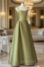 A-line Green Satin Spaghetti Straps Evening Prom Dress