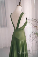 A-Line Green Satin V-Neckline Low Back Evening Prom Dress, Green Evening Dress