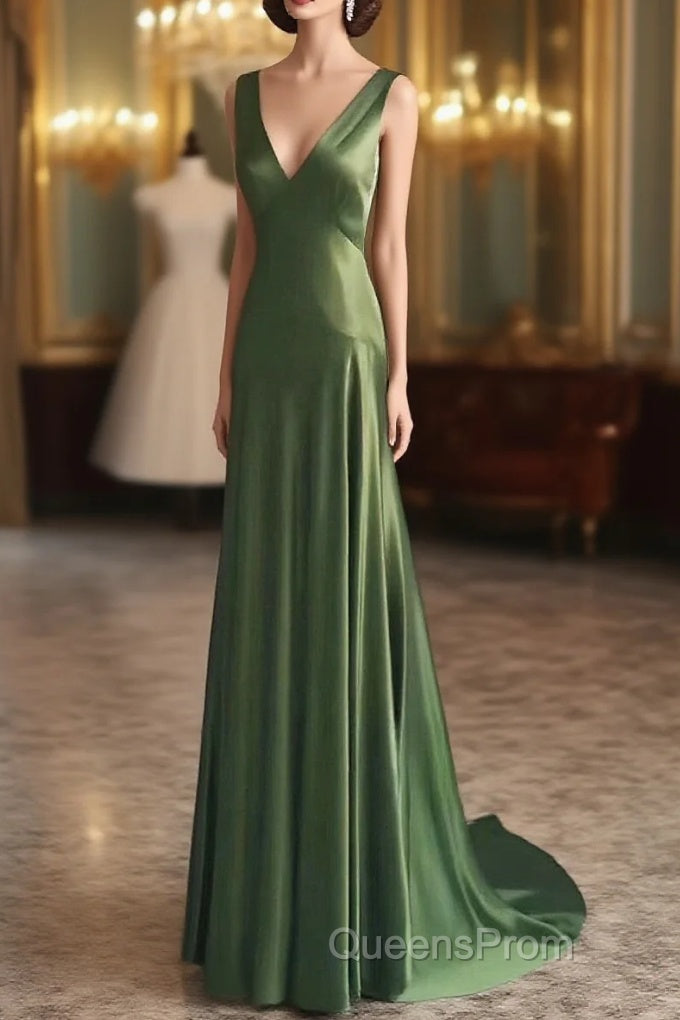 A-Line Green Satin V-Neckline Low Back Evening Prom Dress, Green Evening Dress Main image