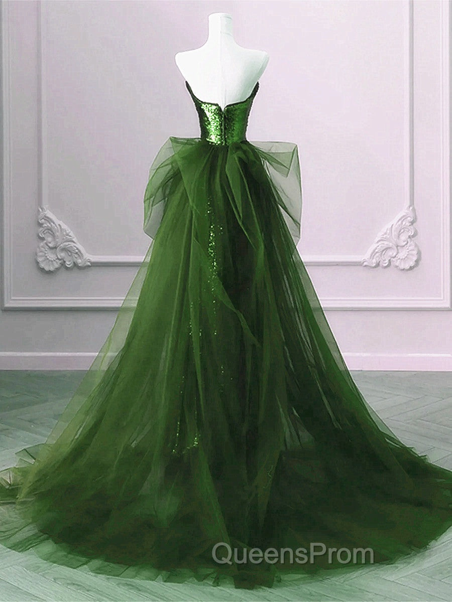 A-Line Green Sequins And Tulle Long Party Dress, Green Evening Dress Evening Dress