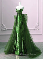 A-Line Green Sequins And Tulle Long Party Dress, Green Evening Dress Evening Dress