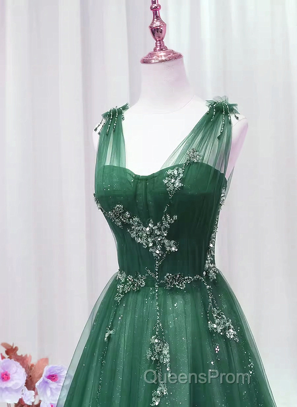 A-Line Green Sweetheart Beaded Tulle Evening Prom Dress, Green Tulle Long Evening Dress Secondary image