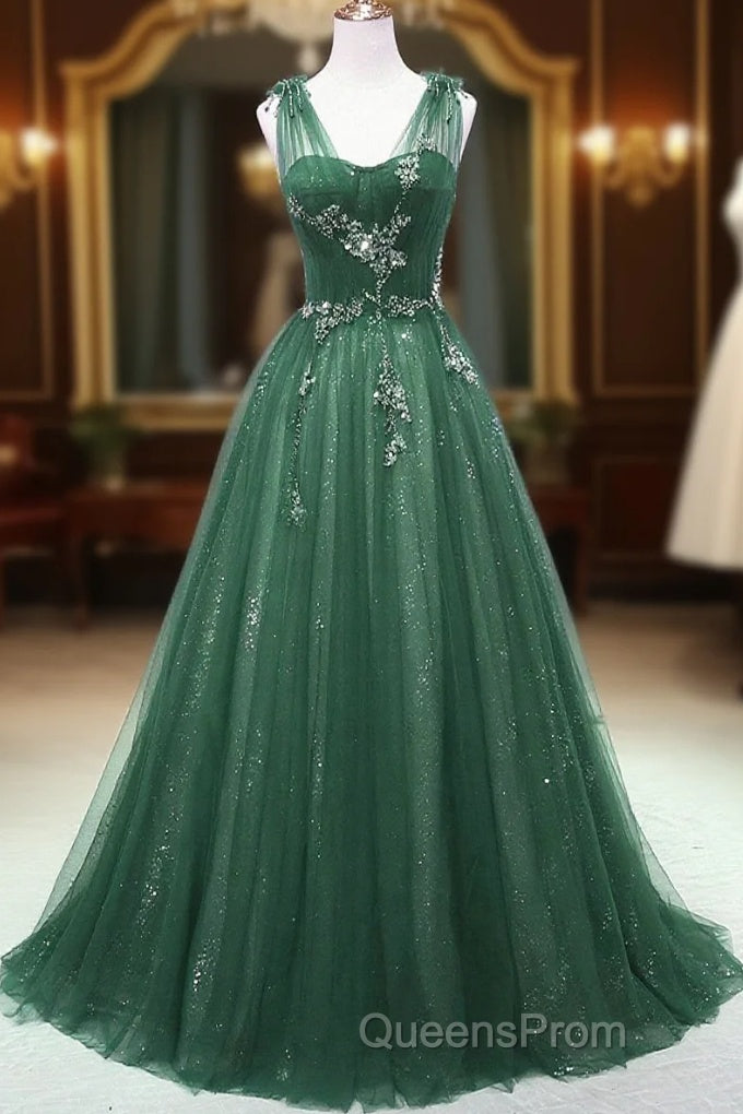 A-Line Green Sweetheart Beaded Tulle Evening Prom Dress, Green Tulle Long Evening Dress Main image