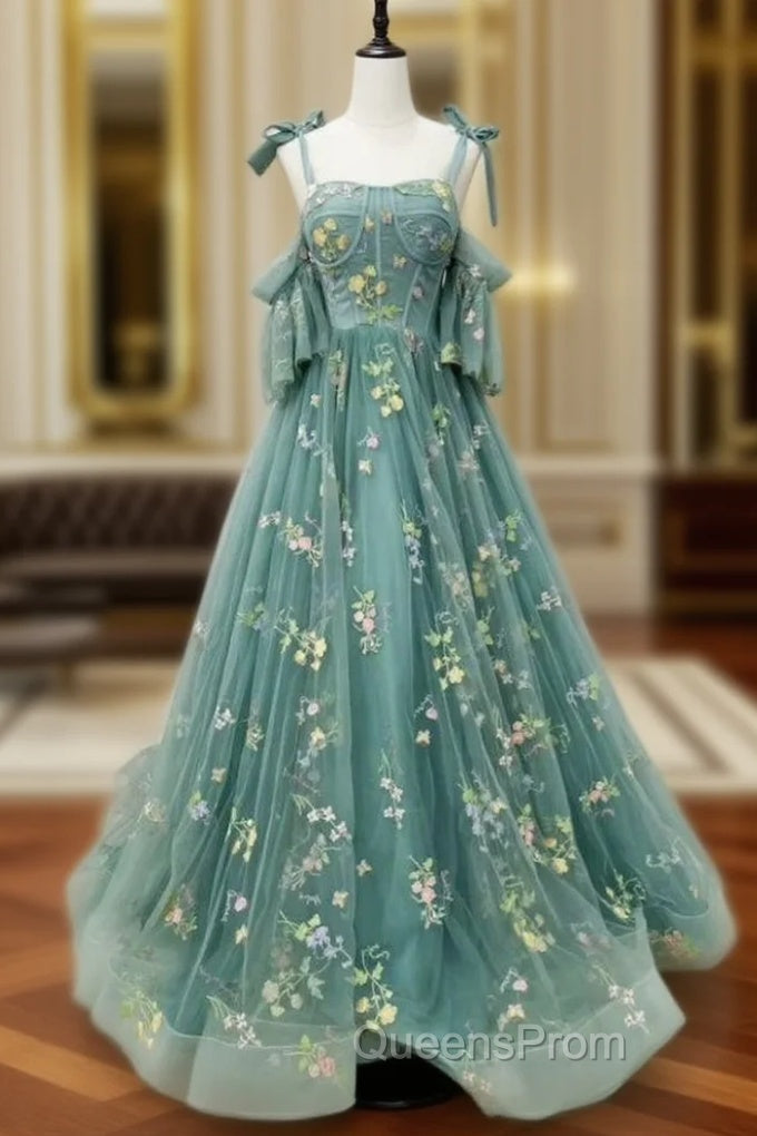 A-Line Green Tulle Embroidery Straps Evening Prom Dress