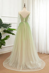 A-Line Green Tulle Gradient Long Party Dress, Green Floor Length Formal Dress