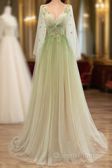 A-Line Green Tulle Gradient Long Party Dress, Green Floor Length Formal Dress
