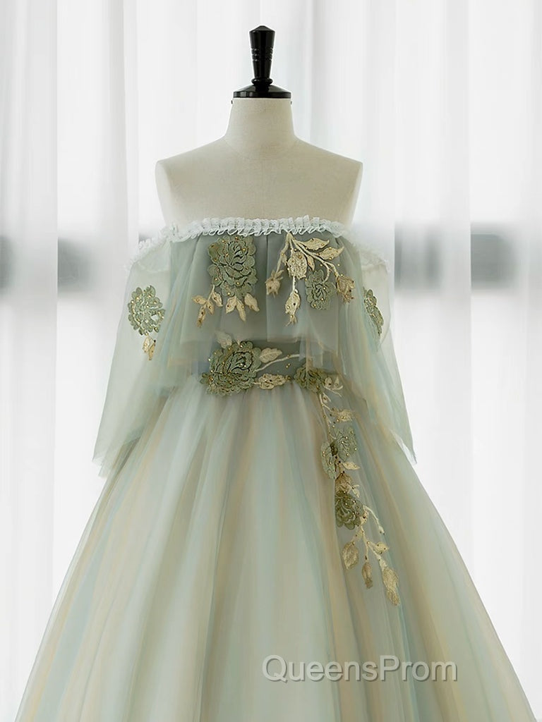 A-Line Green Tulle Lace Long Evening Prom Dress, Green Tulle Lace Long Formal Dress Secondary image