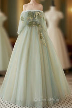 A-Line Green Tulle Lace Long Evening Prom Dress, Green Tulle Lace Long Formal Dress