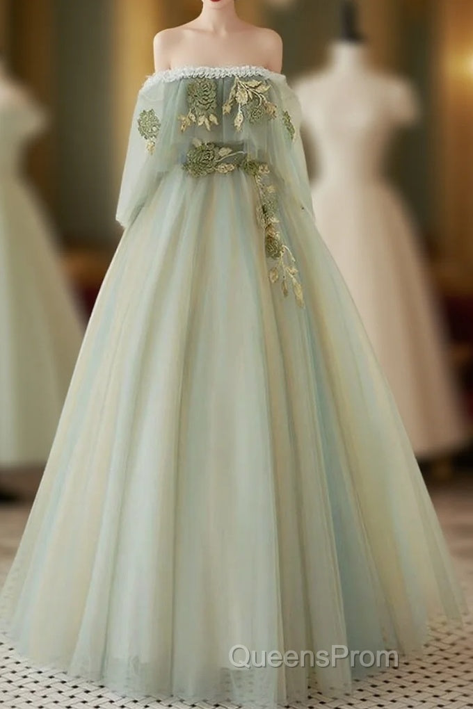 A-Line Green Tulle Lace Long Evening Prom Dress, Green Tulle Lace Long Formal Dress
