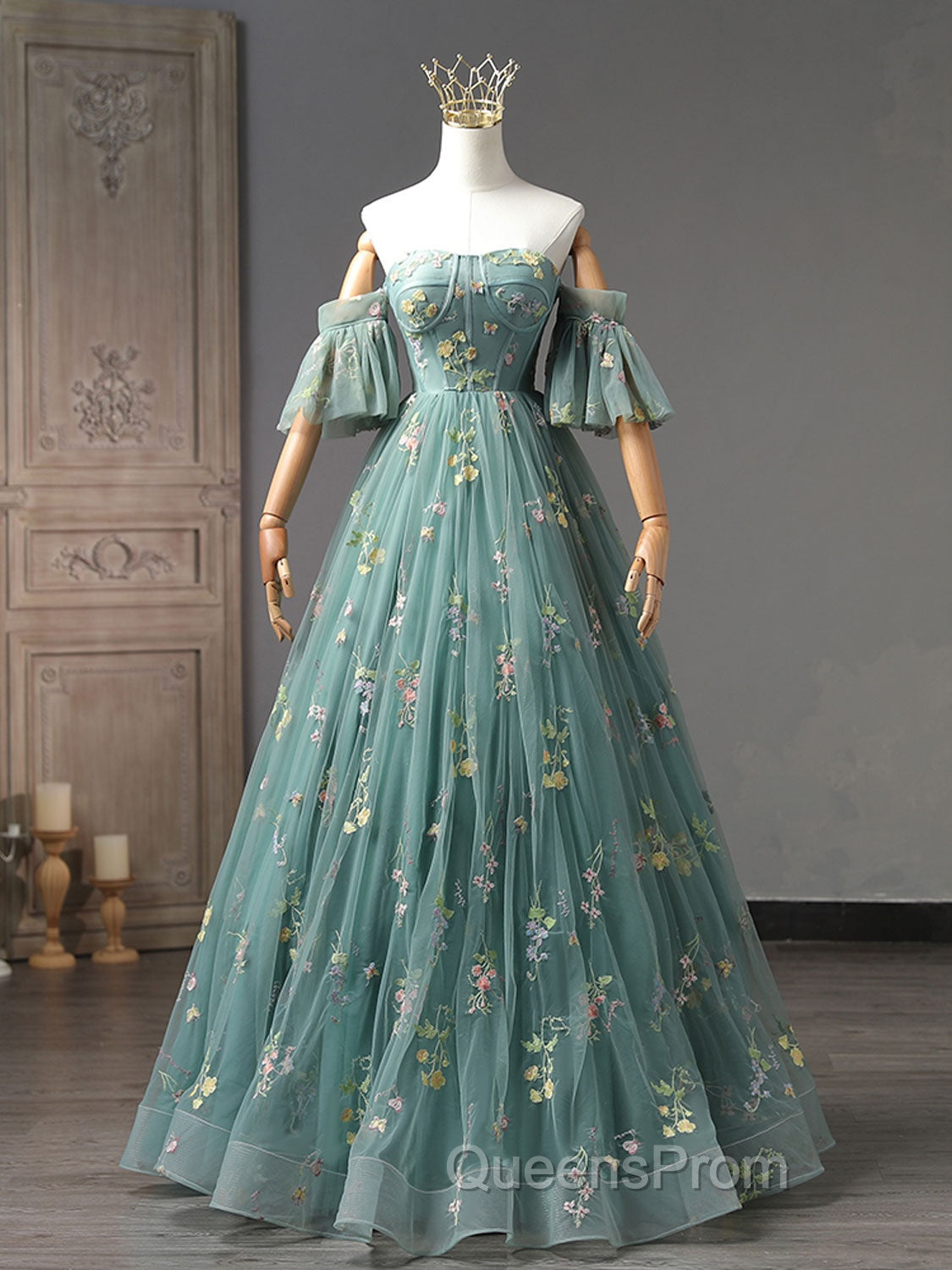 A-Line Green Tulle Lace Long Evening Prom Dress, Green Evening Dress Secondary image