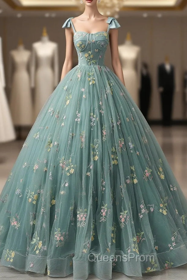 A-Line Green Tulle Lace Long Evening Prom Dress, Green Evening Dress Main image