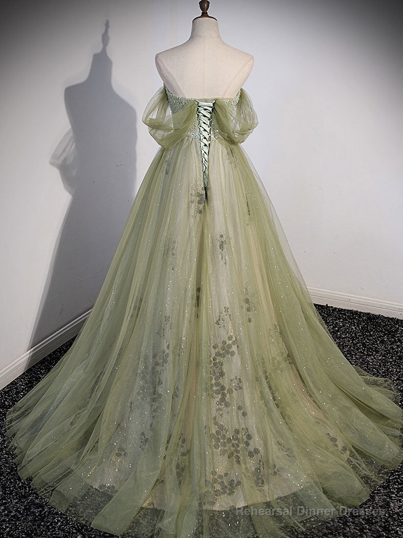 A Line Green Tulle Long Prom Dress, Green Formal Evening Dress with Beading Main image