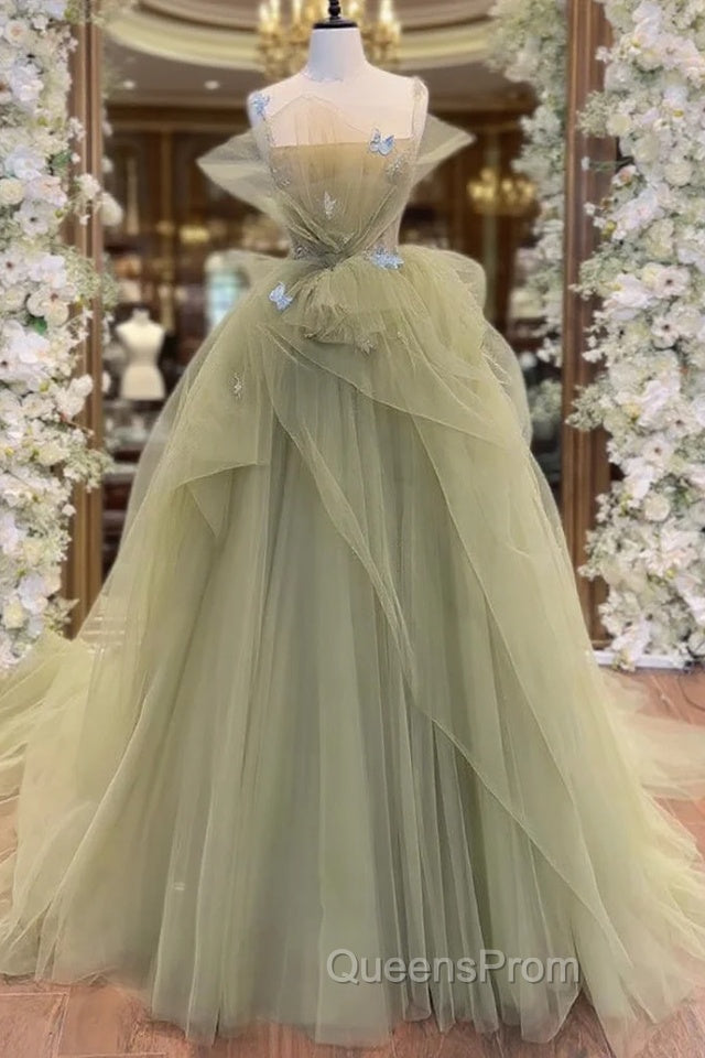 A-Line Green Tulle Long Evening Prom Dress, Green Long Graduation Dress Main image