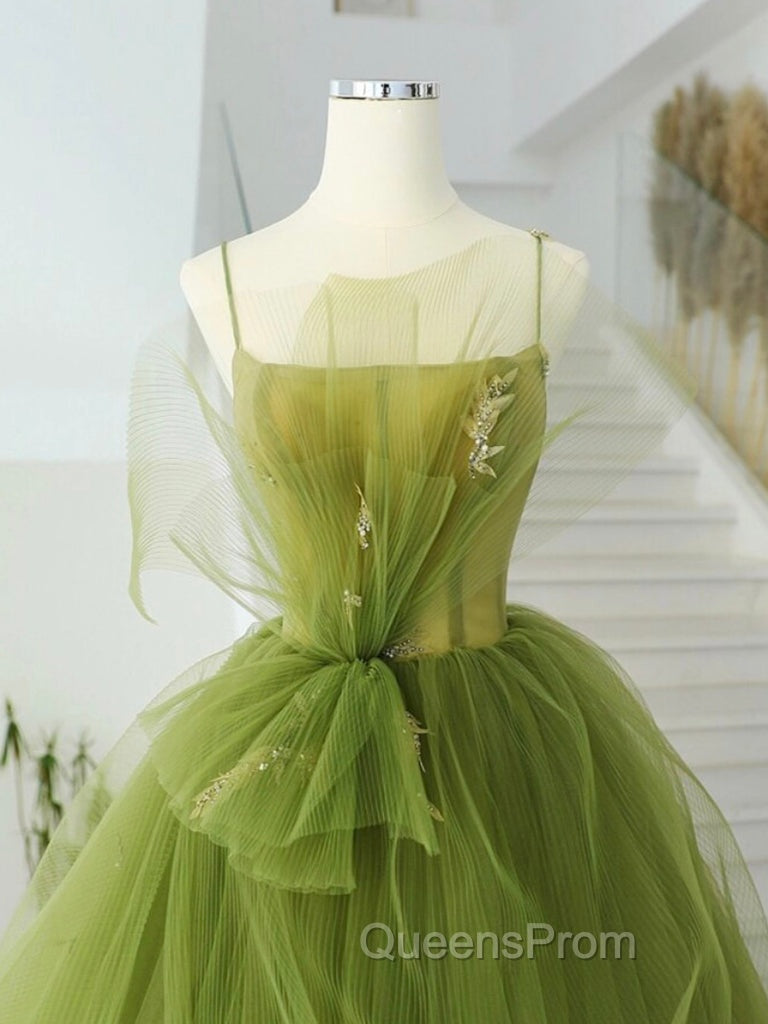 A-Line Green Tulle Long Evening Prom Dress, Green Tulle Long Evening Dress