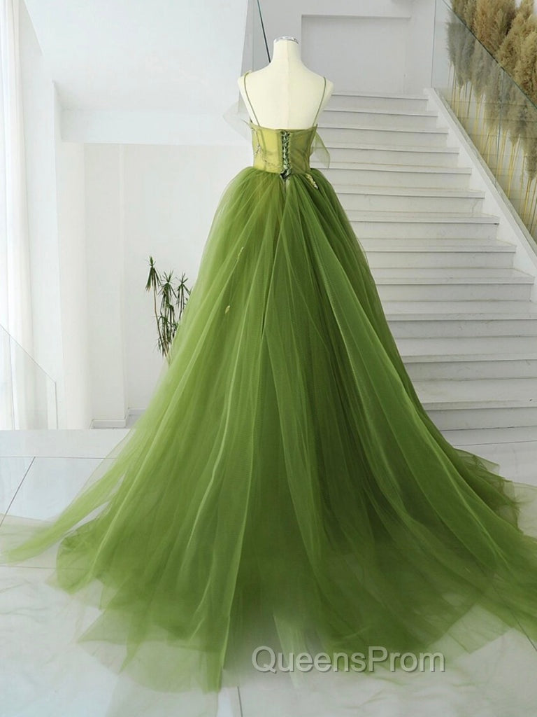 A-Line Green Tulle Long Evening Prom Dress, Green Tulle Long Evening Dress