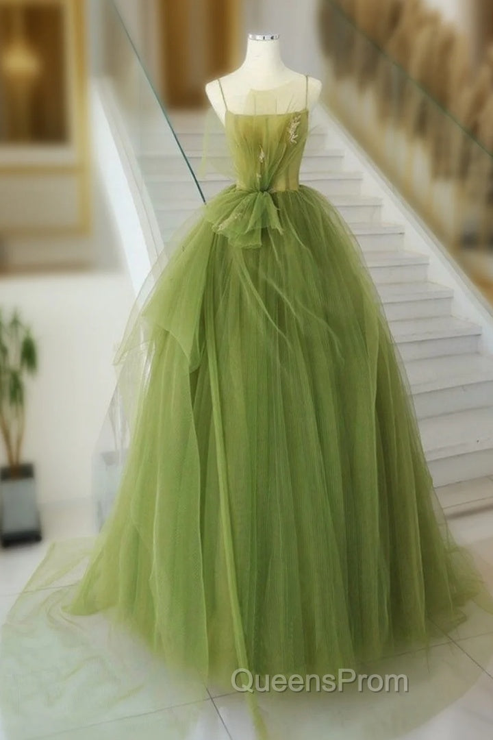 A-Line Green Tulle Long Evening Prom Dress, Green Tulle Long Evening Dress Main image