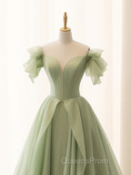 A-Line Green Tulle Long Evening Prom Dress, Green Tulle Long Evening Dress