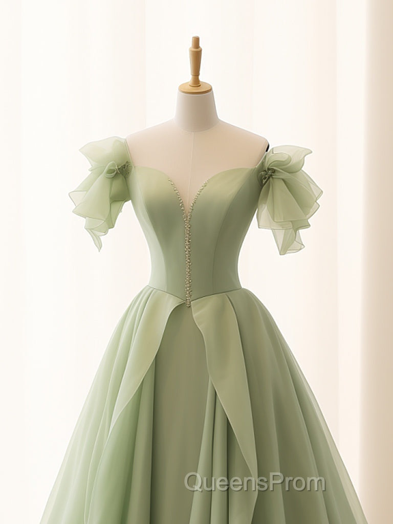 A-Line Green Tulle Long Evening Prom Dress, Green Tulle Long Evening Dress