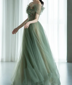 A-Line Green Tulle Long Classy Prom Dress, Green Classy Evening Dress