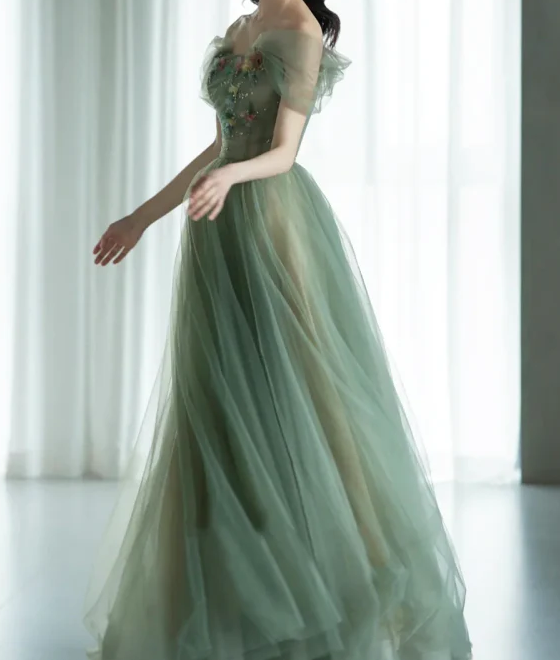 A-Line Green Tulle Long Classy Prom Dress, Green Classy Evening Dress