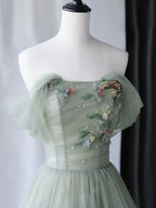 A-Line Green Tulle Long Classy Prom Dress, Green Classy Evening Dress