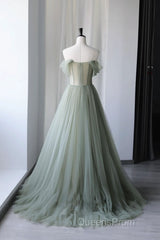 A-Line Green Tulle Long Evening Prom Dress, Green Formal Evening Dress