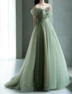 A-Line Green Tulle Long Classy Prom Dress, Green Classy Evening Dress