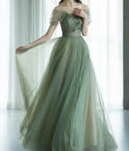 A-Line Green Tulle Long Classy Prom Dress, Green Classy Evening Dress
