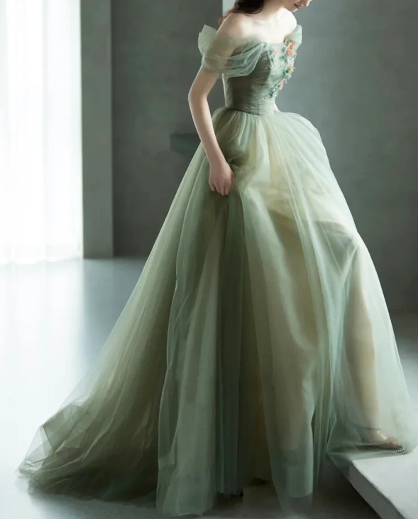 A-Line Green Tulle Long Classy Prom Dress, Green Classy Evening Dress