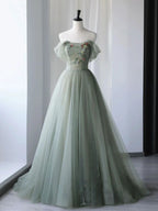 A-Line Green Tulle Long Classy Prom Dress, Green Classy Evening Dress
