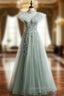 A-Line Green Tulle Sequins High Neck Backless Appliques Evening Prom Dress