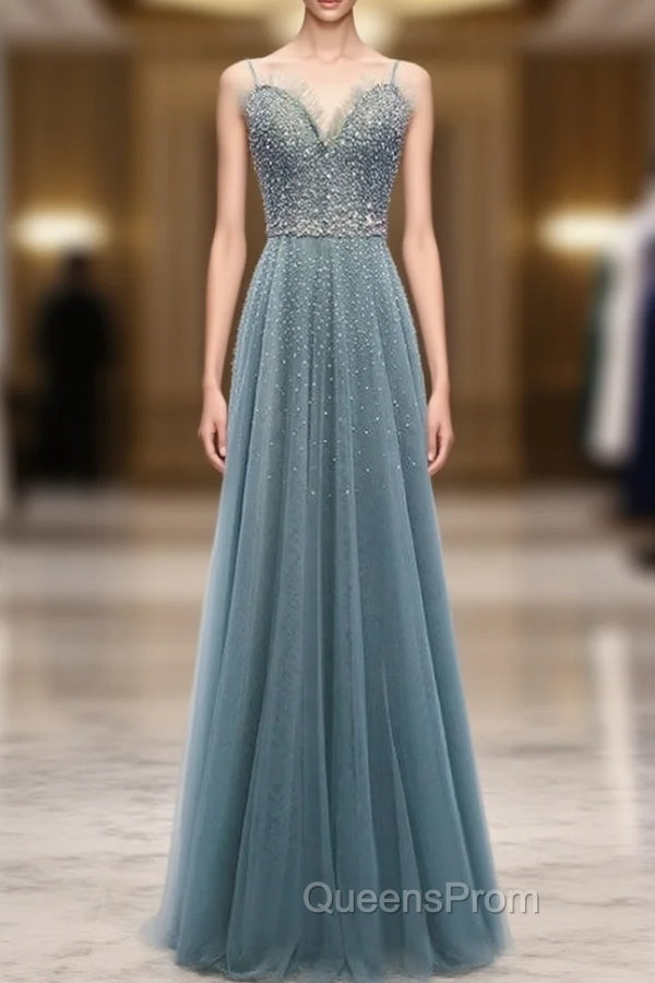A-Line Green Tulle Spaghetti Straps Beading Evening Prom Dress