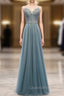 A-Line Green Tulle Spaghetti Straps Beading Evening Prom Dress