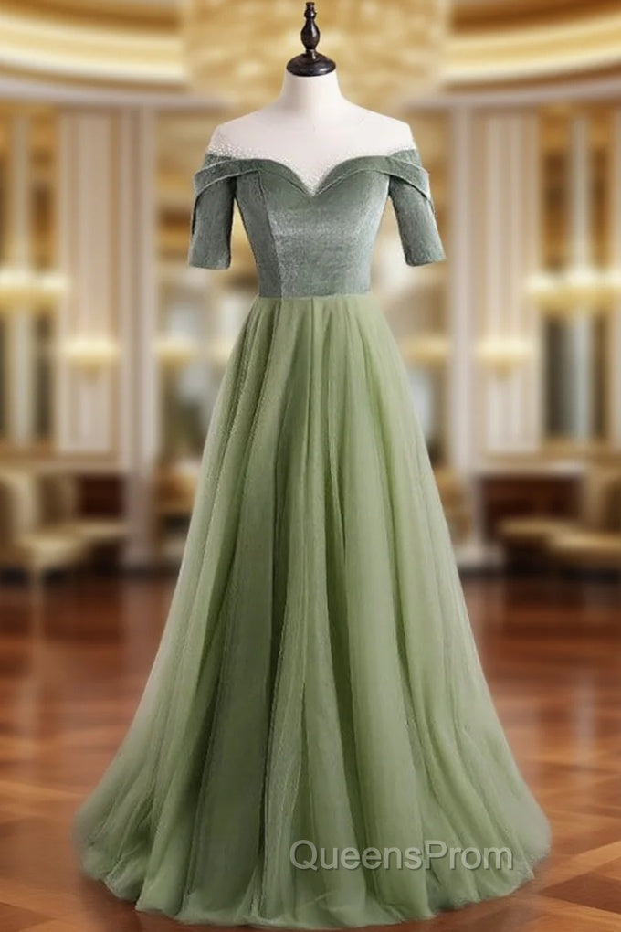 A-Line Green Tulle Velvet Short Sleeve Evening Prom Dress Main image