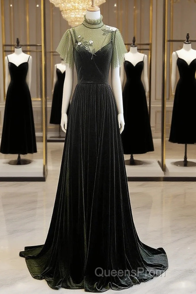 A-Line Green Velvet Long Wedding Party Dress, High Neckline Evening Prom Dress Evening Dress Main image