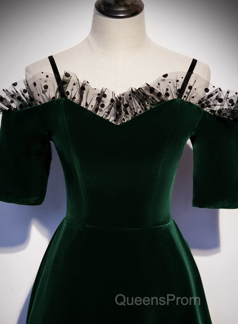 A-Line Green Velvet Spaghetti Straps Evening Prom Dress, Green Wedding Party Dress