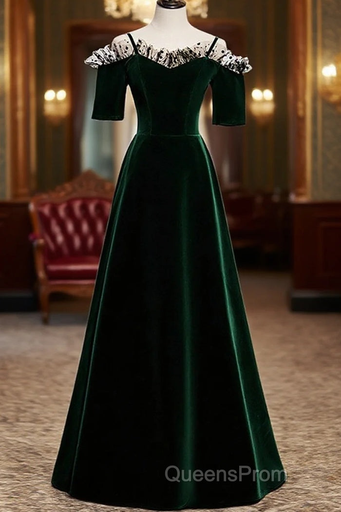 A-Line Green Velvet Spaghetti Straps Evening Prom Dress, Green Wedding Party Dress Main image